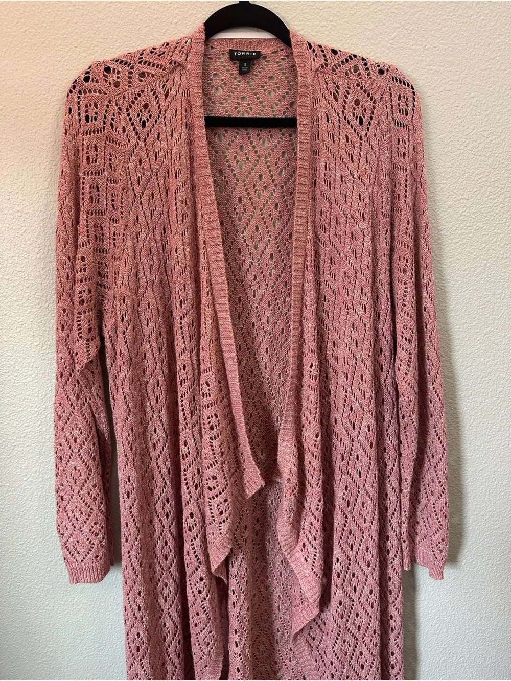 Torrid size 3 Rose Pink Openwork Draped Diamond Knit Cardigan